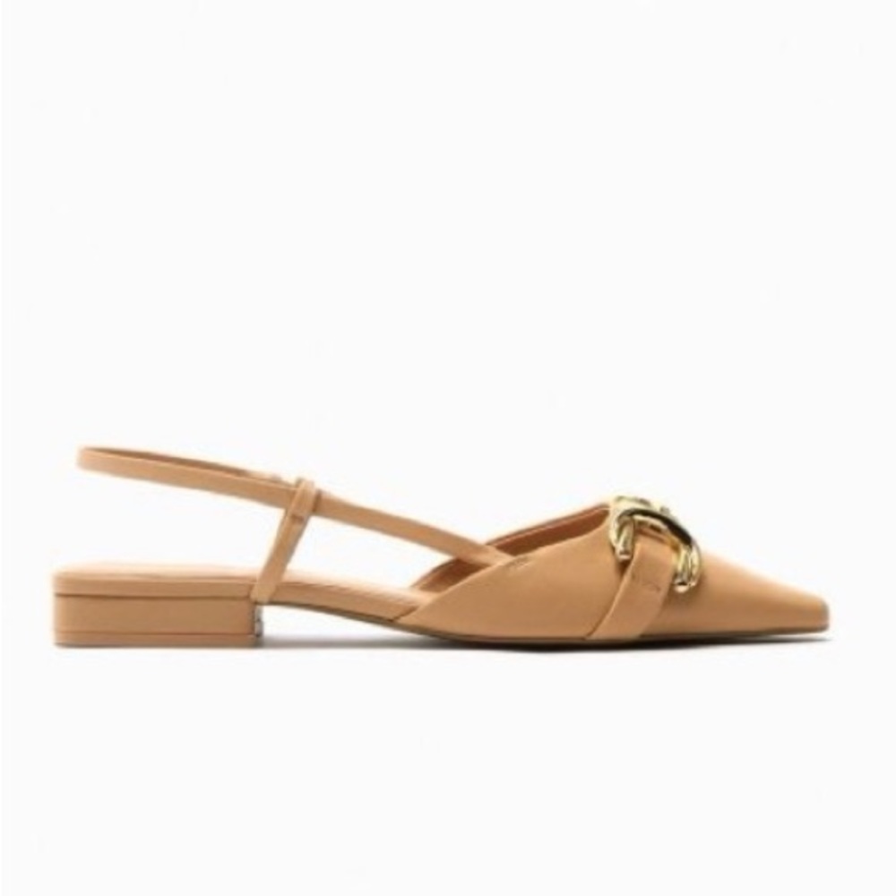 NWT. Zara Beige embellished Flat Slingback Shoes. Size 8.